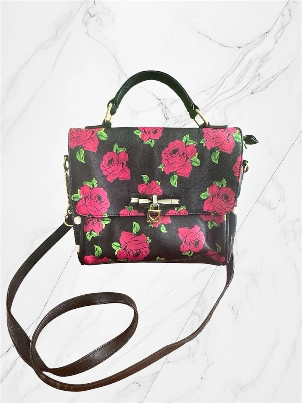 Betsey Johnson Heart Lock Satchel Floral Black & Pink
